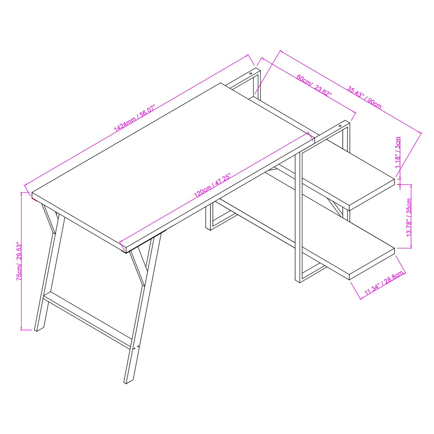 L - Shaped Home Office Desk with 2 Walnut Shelves