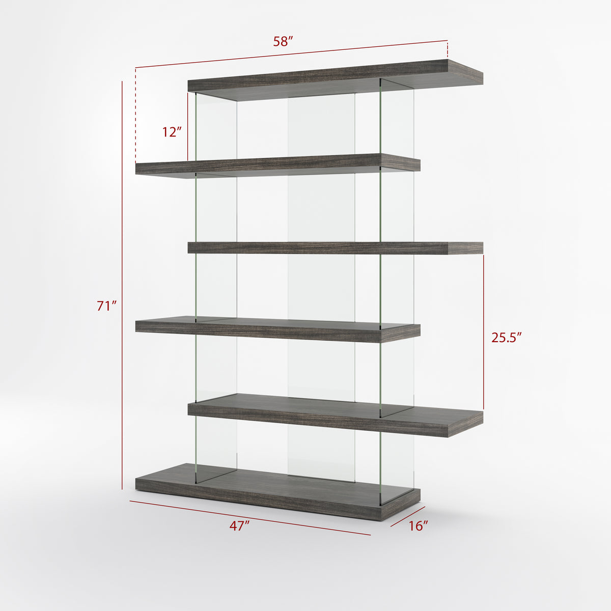 BK9009SW321 L, Modern 5-Tier Geometric Wooden and Glass Bookcase