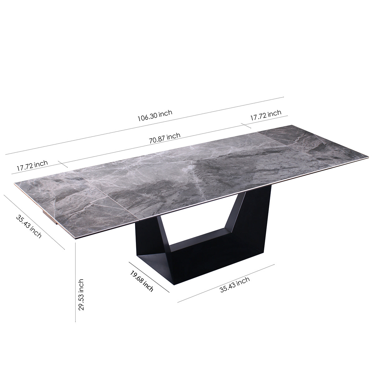 106.3" Extendable Marble Look Ceramic Dining Table with Black Metal Base