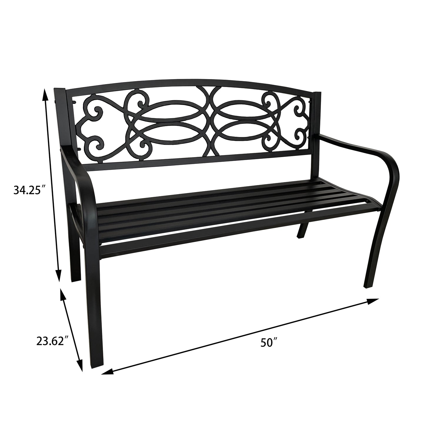 50” Outdoor Matte Black Metal Garden Bench with Backrest, Patio Seating