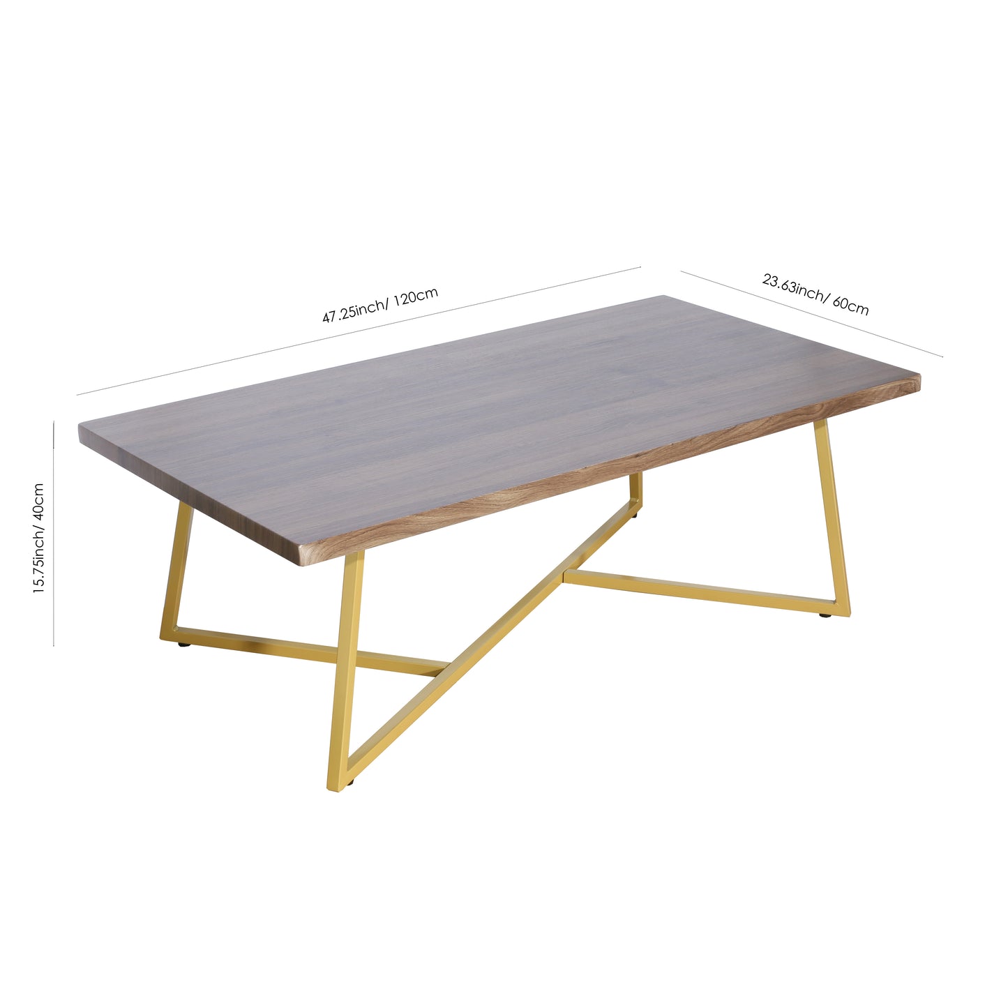 47.2" Modern Coffee Table with Gold Metal Base, Brown MDF Rectangular Center Table for Living Room