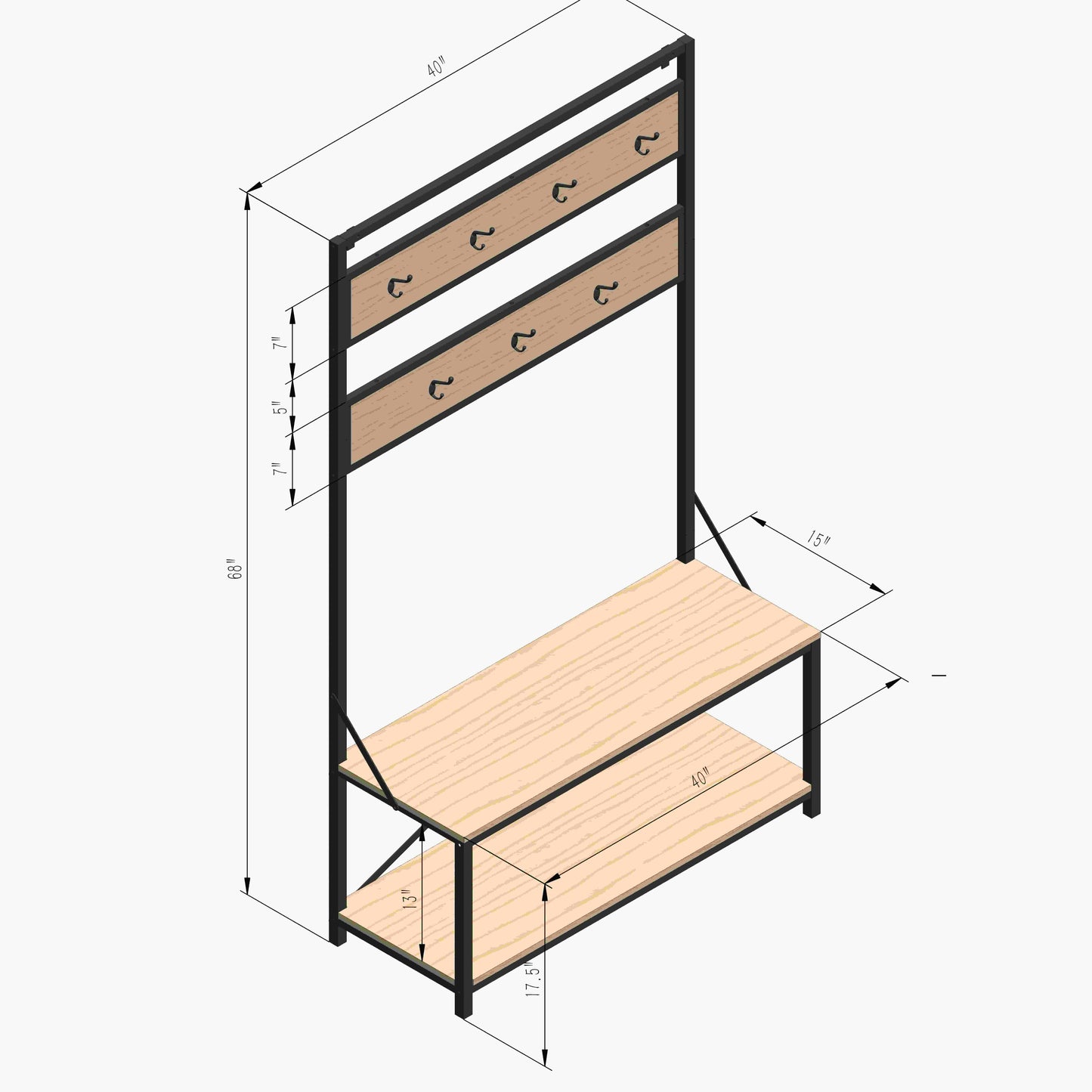 40” Industrial Hall Tree with Bench and Shoe Storage, Entryway Coat Rack with Hooks, Wood and Metal Organizer
