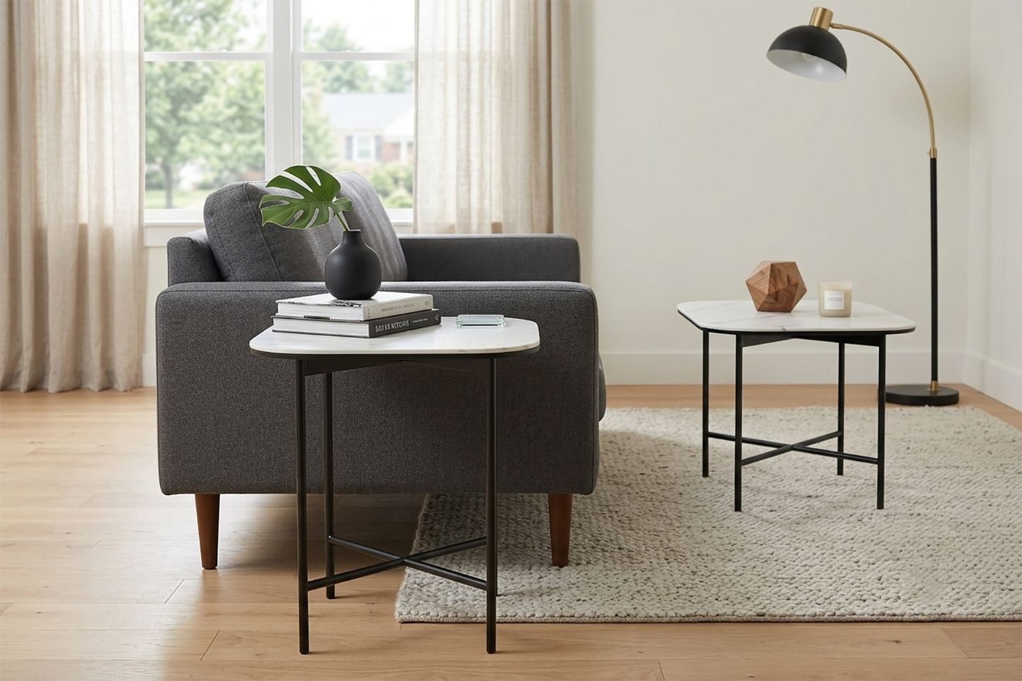 ED 7005, Modern End Table with Ceramic Glass Top, Square Accent Side Table with Powder-Coated Metal Legs