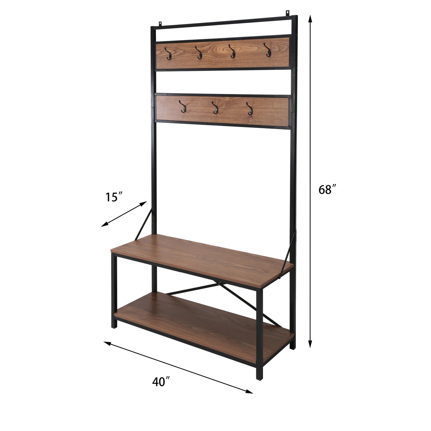 40" Industrial Hall Tree with Bench, Entryway Coat Rack with Shoe Storage Shelf and Hooks, Wood Metal Entryway Organizer