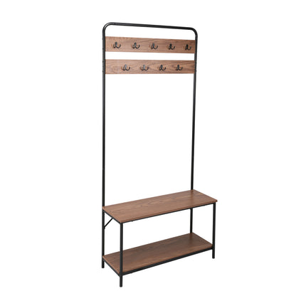 31.5" Entryway Hall Tree with Bench, Coat Rack with Shoe Storage and Double Hooks, Wood Metal Organizer in Walnut Finish