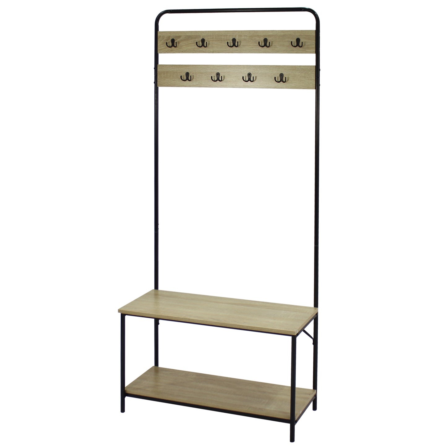 31.5" Entryway Hall Tree with Bench, Coat Rack with Shoe Storage and Double Hooks, Wood Metal Organizer in Oak Finish