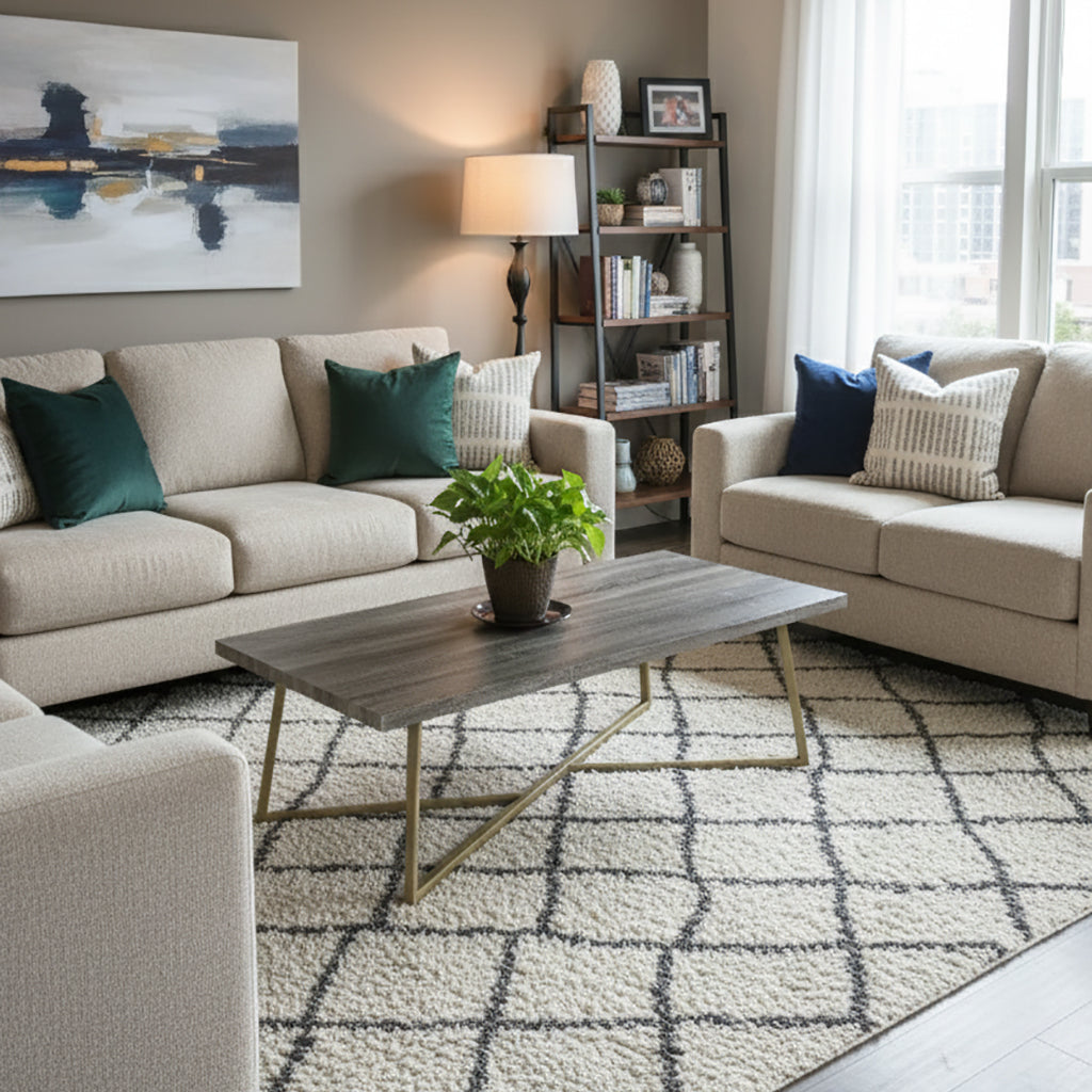CT 8302,  47.2" Modern Coffee Table with Gold Metal Base, Wood Grain Rectangular Center Table for Living Room