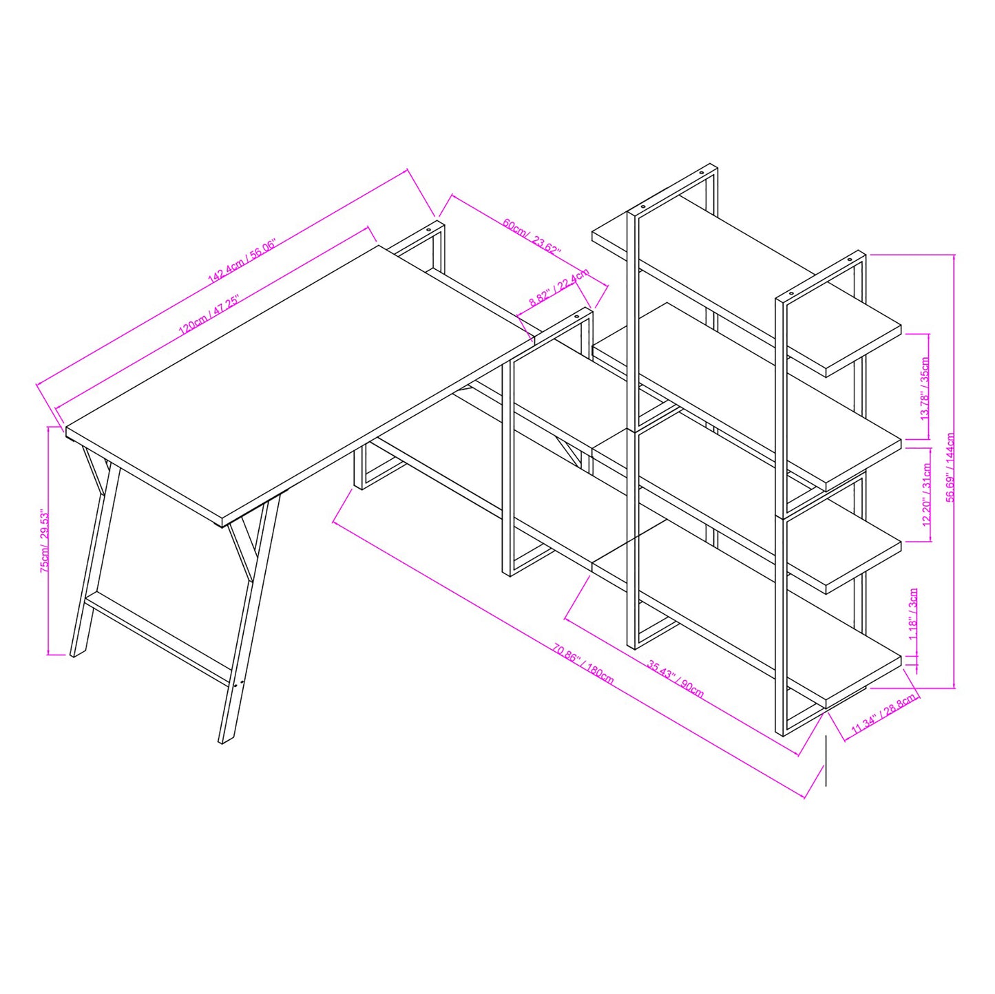 L - Shaped Home Office Desk with 6 Antigue Wood Shelves