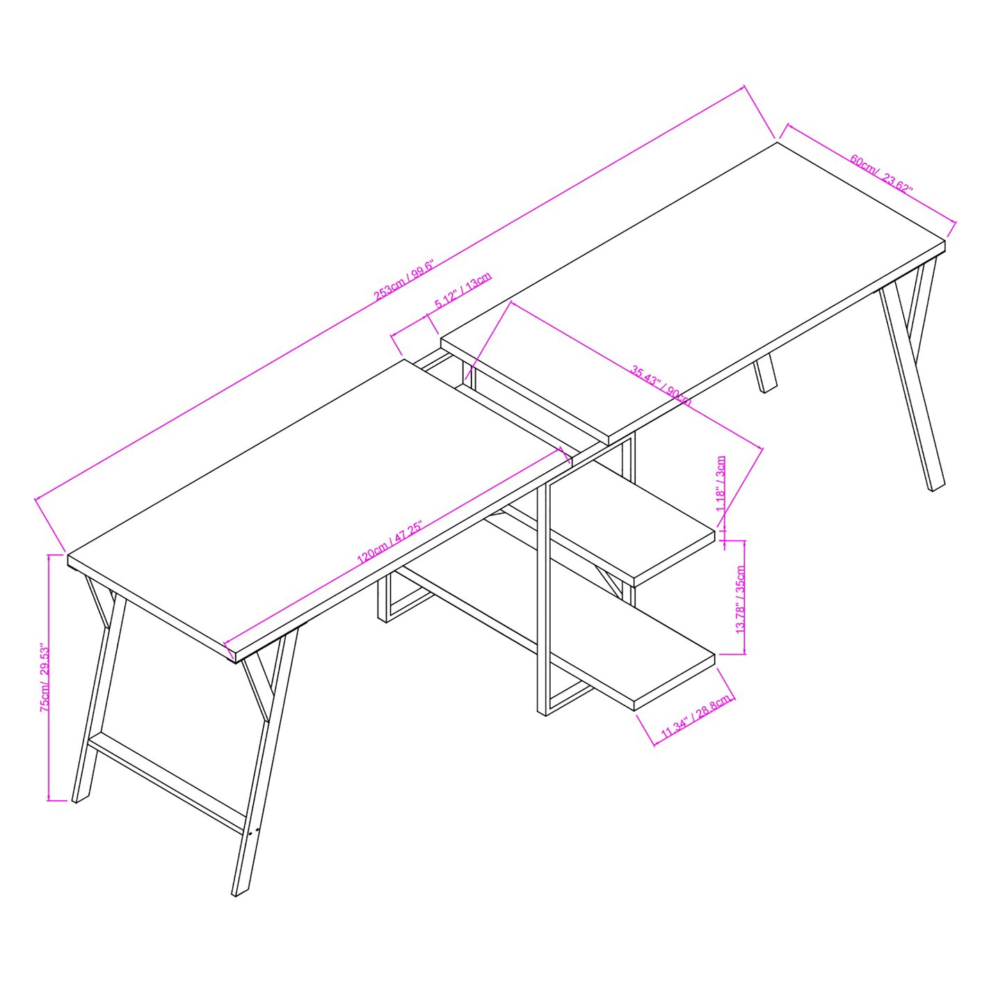 Rectangula Home Office Desk with 2 Antigue Wood Shelves