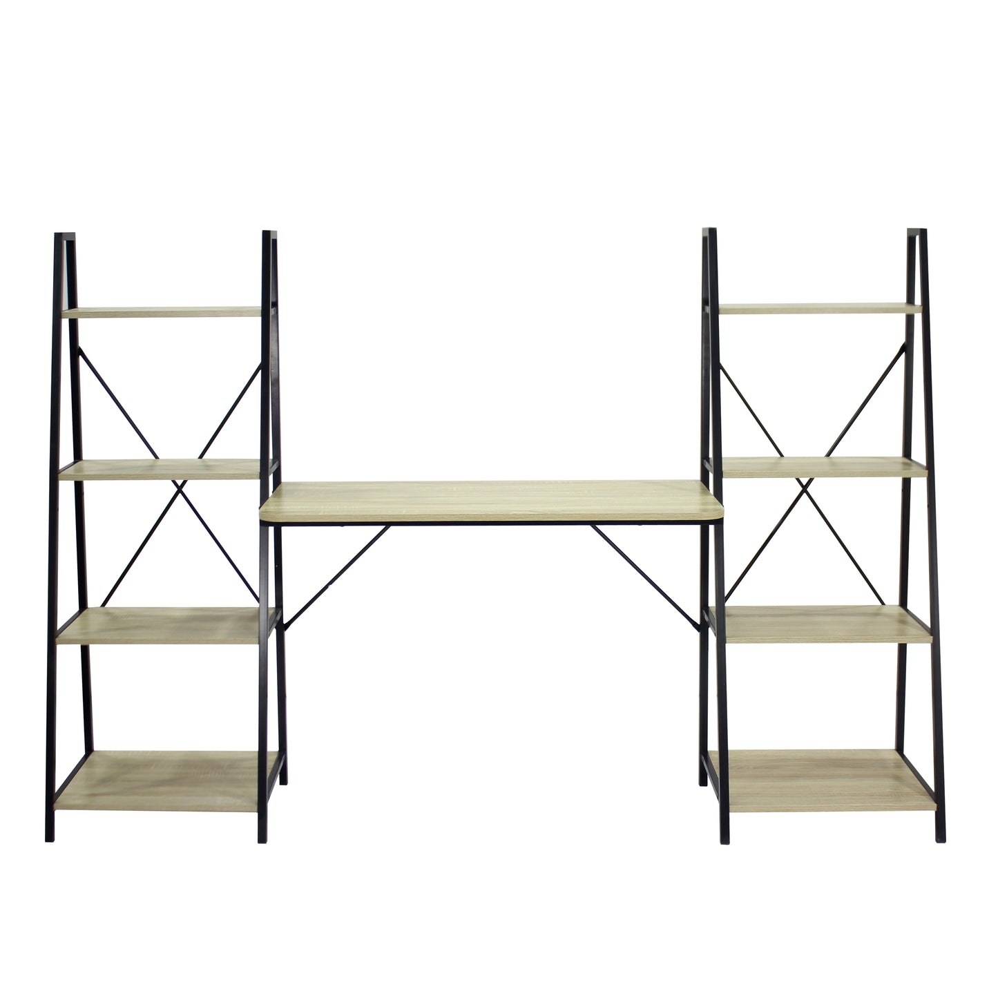 Oak Computer Desk with 2 Bookshelves, Industrial Writing Desk with Storage Shelves
