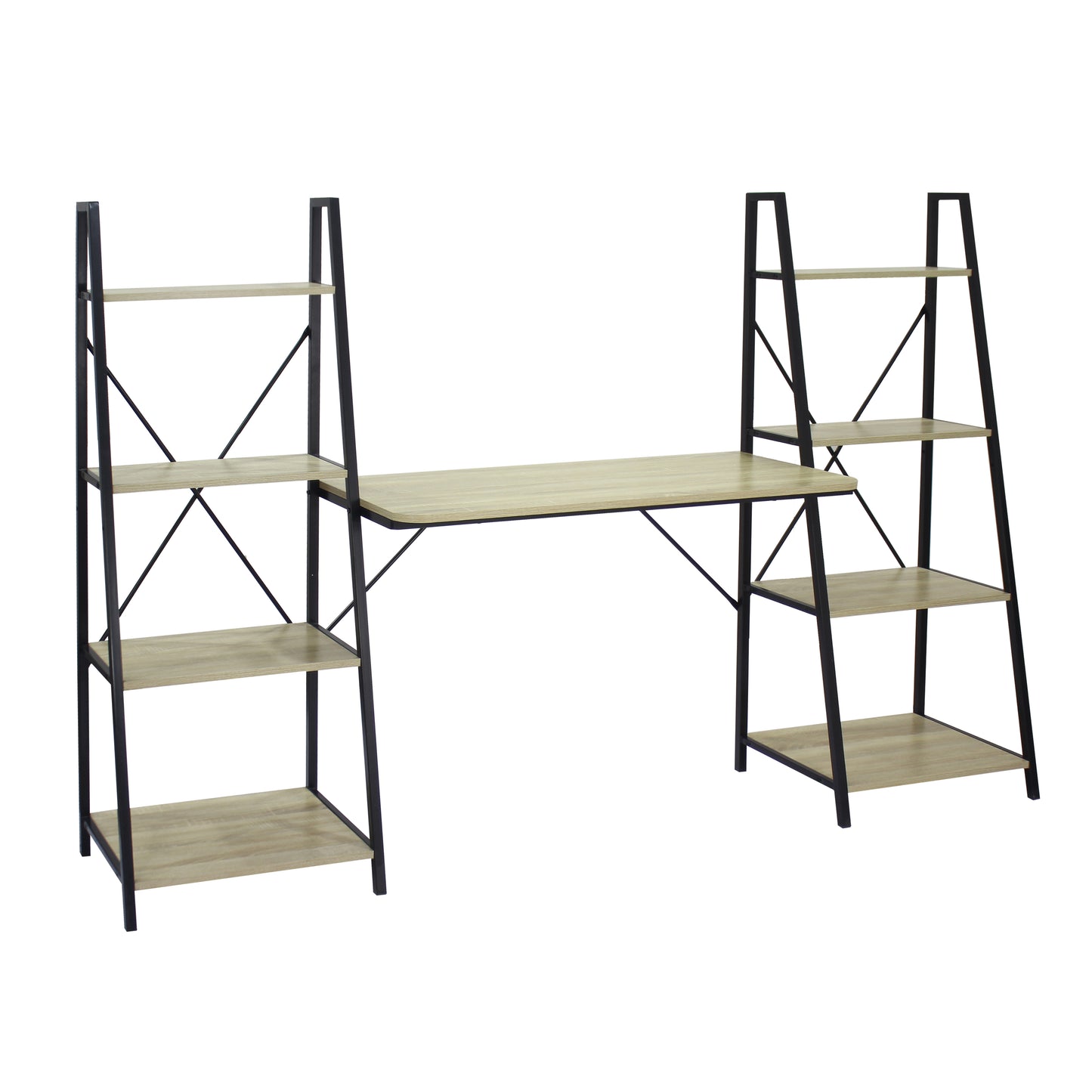 Oak Computer Desk with 2 Bookshelves, Industrial Writing Desk with Storage Shelves