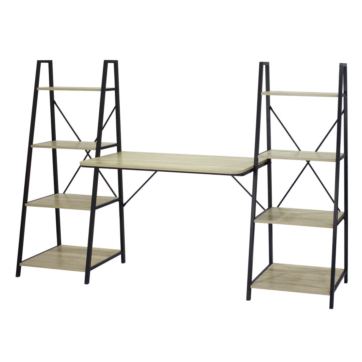 Oak Computer Desk with 2 Bookshelves, Industrial Writing Desk with Storage Shelves