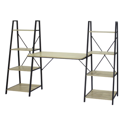 Oak Computer Desk with 2 Bookshelves, Industrial Writing Desk with Storage Shelves