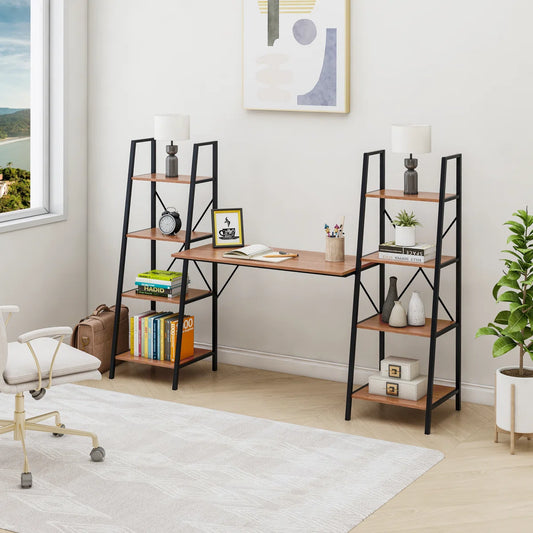 Oak Computer Desk with 2 Bookshelves, Industrial Writing Desk with Storage Shelves