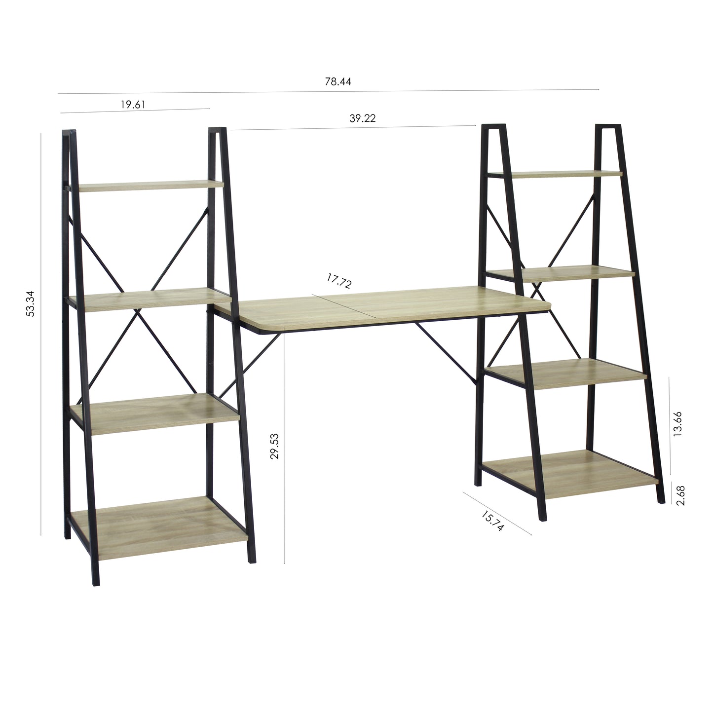 Oak Computer Desk with 2 Bookshelves, Industrial Writing Desk with Storage Shelves
