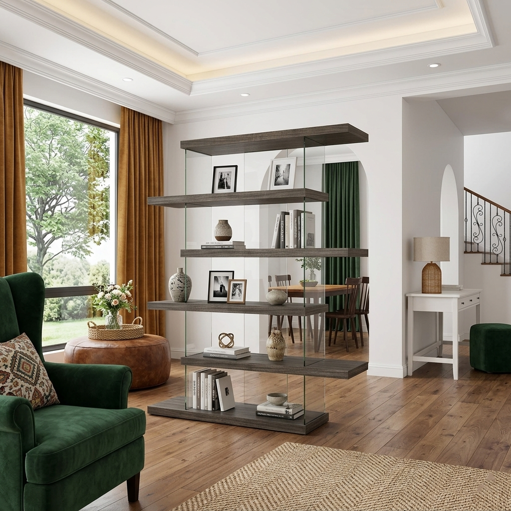 BK9009SW321 L, Modern 5-Tier Geometric Wooden and Glass Bookcase