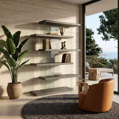 BK9009SW321 L, Modern 5-Tier Geometric Wooden and Glass Bookcase