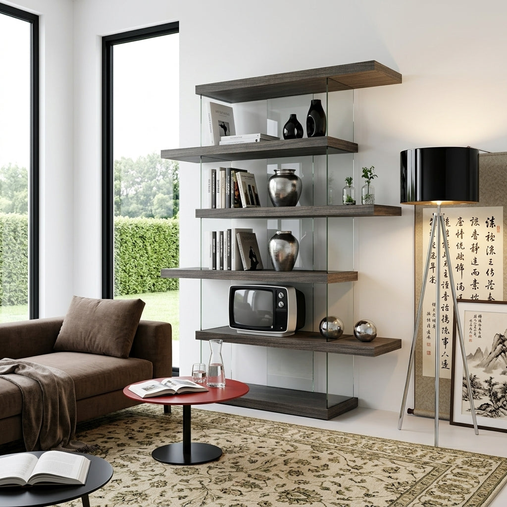 BK9009SW321 L, Modern 5-Tier Geometric Wooden and Glass Bookcase