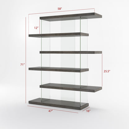 BK9009SW321 L, Modern 5-Tier Geometric Wooden and Glass Bookcase