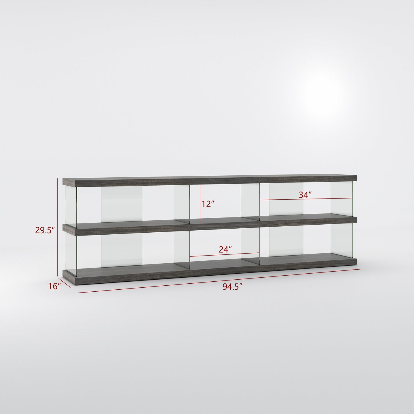 BK9009SW 3X2， Modern Low-Profile Glass Etagere Bookcase with Floating Wood Shelves, 3-Tier Horizontal Display Shelf for Living Room, Office, Entryway