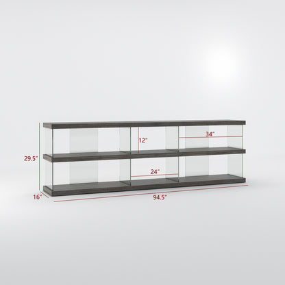 BK9009SW 3X2， Modern Low-Profile Glass Etagere Bookcase with Floating Wood Shelves, 3-Tier Horizontal Display Shelf for Living Room, Office, Entryway