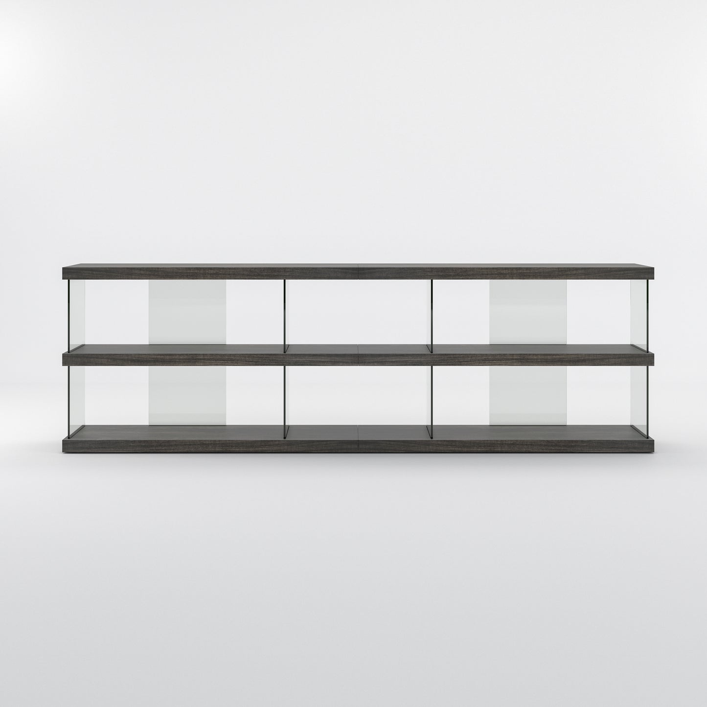 BK9009SW 3X2， Modern Low-Profile Glass Etagere Bookcase with Floating Wood Shelves, 3-Tier Horizontal Display Shelf for Living Room, Office, Entryway