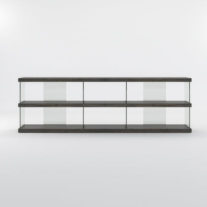 BK9009SW 3X2， Modern Low-Profile Glass Etagere Bookcase with Floating Wood Shelves, 3-Tier Horizontal Display Shelf for Living Room, Office, Entryway