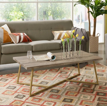 CT 8302,  47.2" Modern Coffee Table with Gold Metal Base, Wood Grain Rectangular Center Table for Living Room