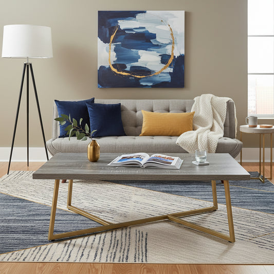 CT 8302,  47.2" Modern Coffee Table with Gold Metal Base, Wood Grain Rectangular Center Table for Living Room