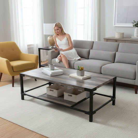 CT 83041,  45.7" Industrial Coffee Table with Storage Shelf, Rustic Wood Living Room Table with Metal Frame, Modern Center Table