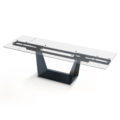 Modern Extendable Glass Dining Table 106" Rectangular Marble Look Top with Black Metal Base