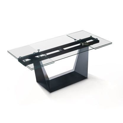Modern Extendable Glass Dining Table 106" Rectangular Marble Look Top with Black Metal Base
