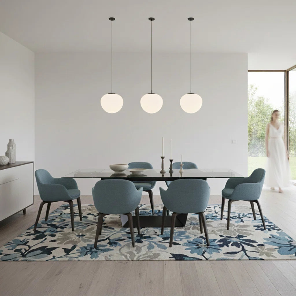 Modern Extendable Glass Dining Table 106" Rectangular Marble Look Top with Black Metal Base