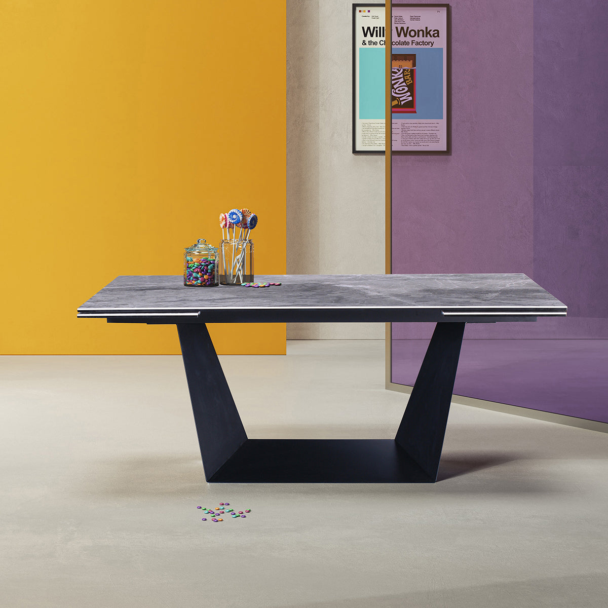 106.3" Extendable Marble Look Ceramic Dining Table with Black Metal Base