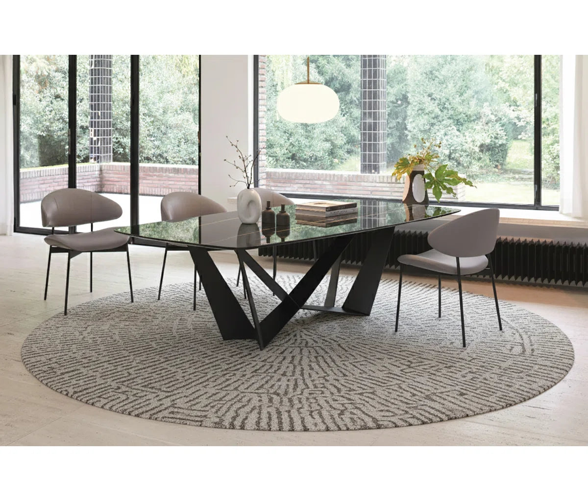 Modern Marble-Look Ceramic Dining Table with Sculptural Black Metal Base, 94.5″ Rectangular Contemporary Dining Table