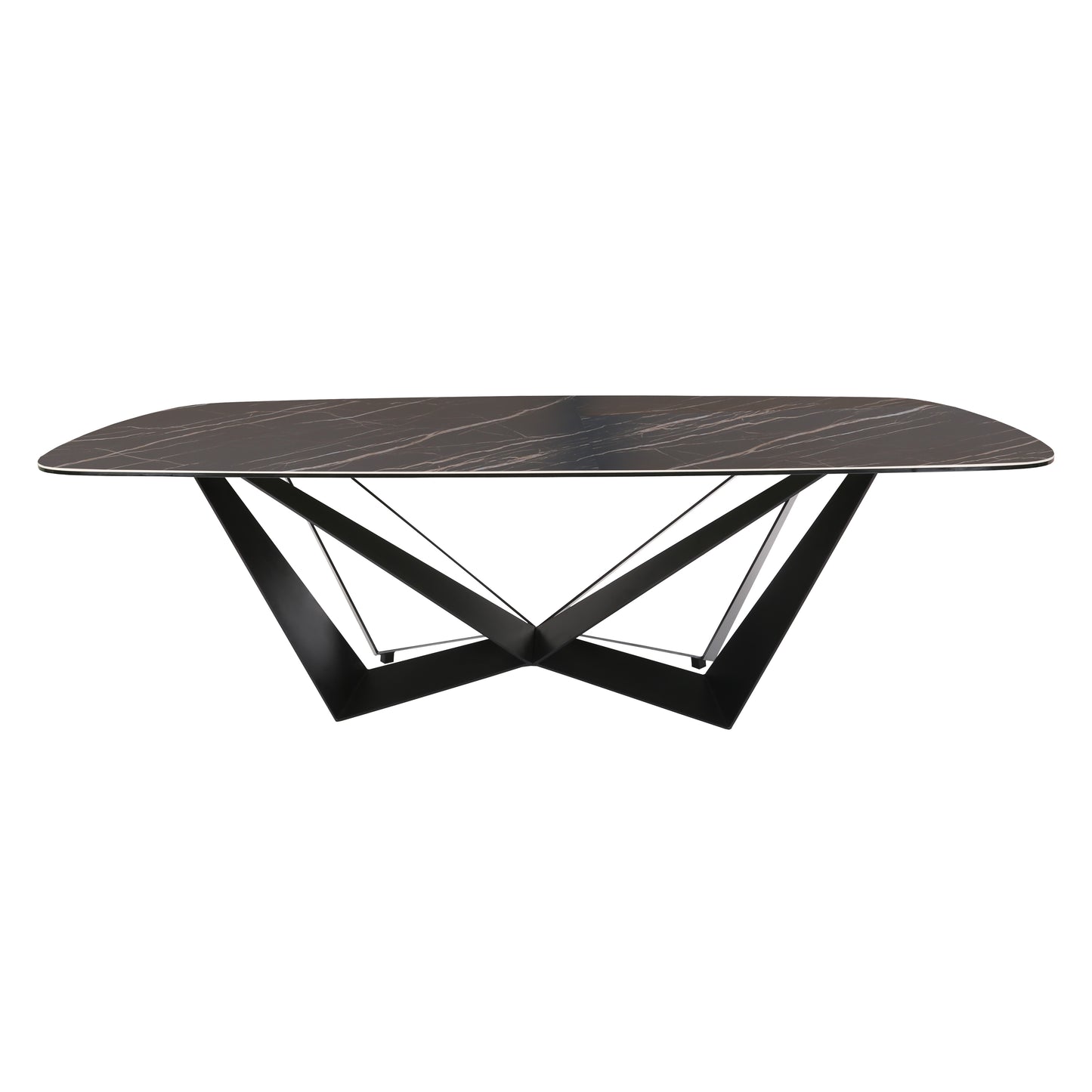 Modern Marble-Look Ceramic Dining Table with Sculptural Black Metal Base, 94.5″ Rectangular Contemporary Dining Table