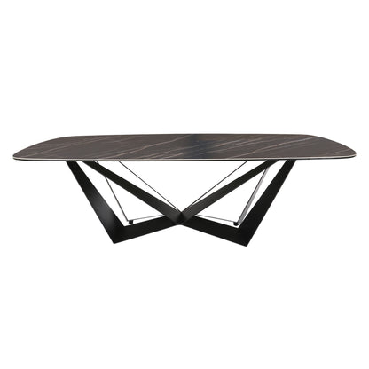 Modern Marble-Look Ceramic Dining Table with Sculptural Black Metal Base, 94.5″ Rectangular Contemporary Dining Table