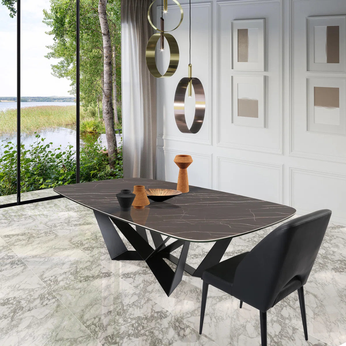 Modern Marble-Look Ceramic Dining Table with Sculptural Black Metal Base, 94.5″ Rectangular Contemporary Dining Table