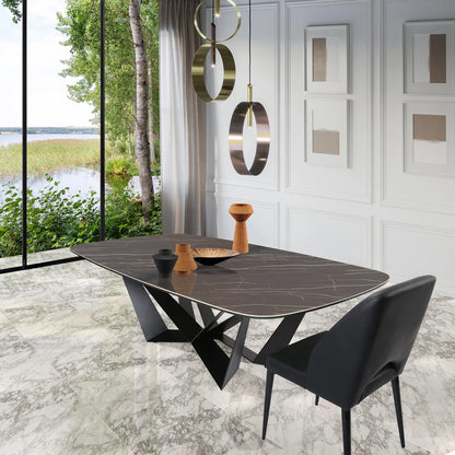Modern Marble-Look Ceramic Dining Table with Sculptural Black Metal Base, 94.5″ Rectangular Contemporary Dining Table