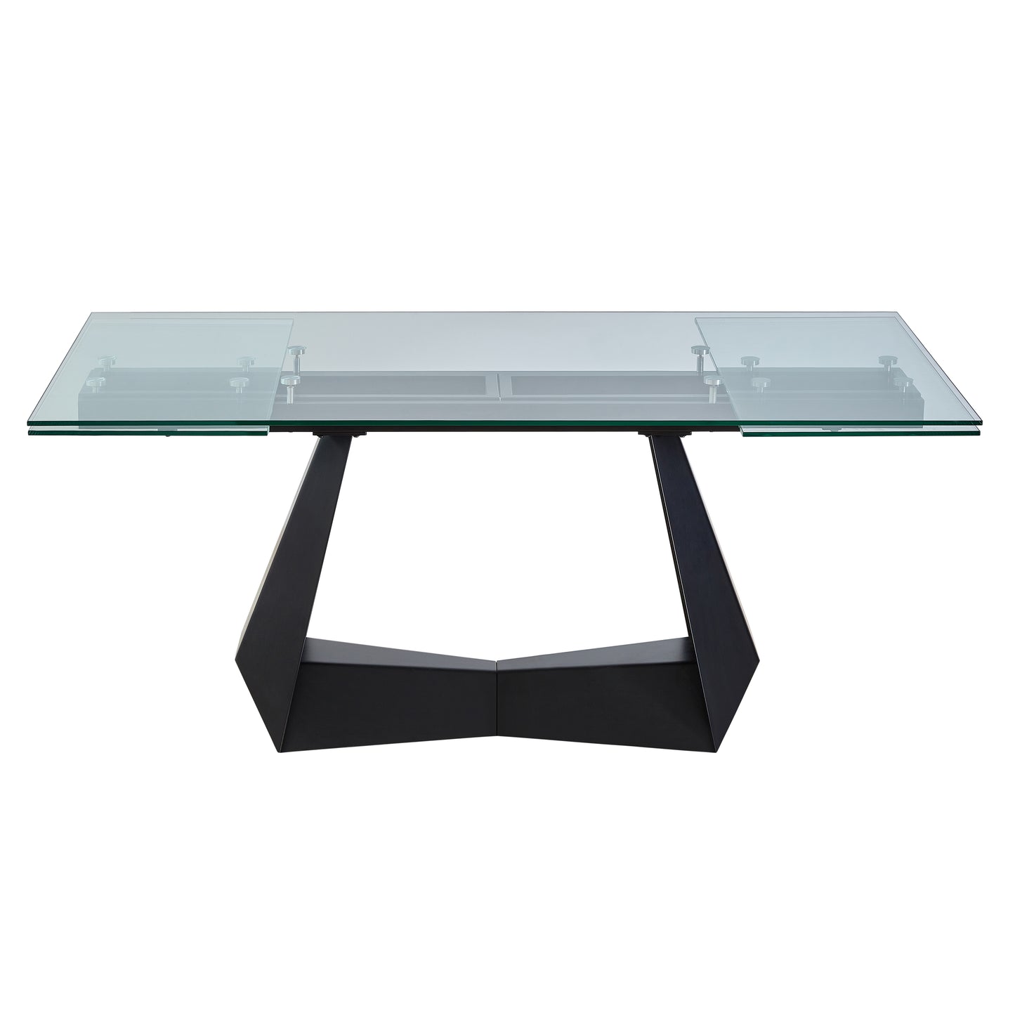 Modern 106" Extendable Glass Dining Table for 6–10, Black Pedestal Base