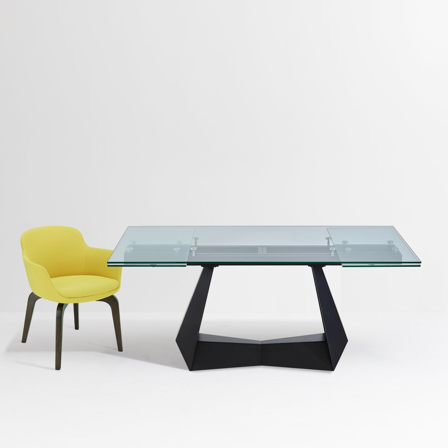 Modern 106" Extendable Glass Dining Table for 6–10, Black Pedestal Base