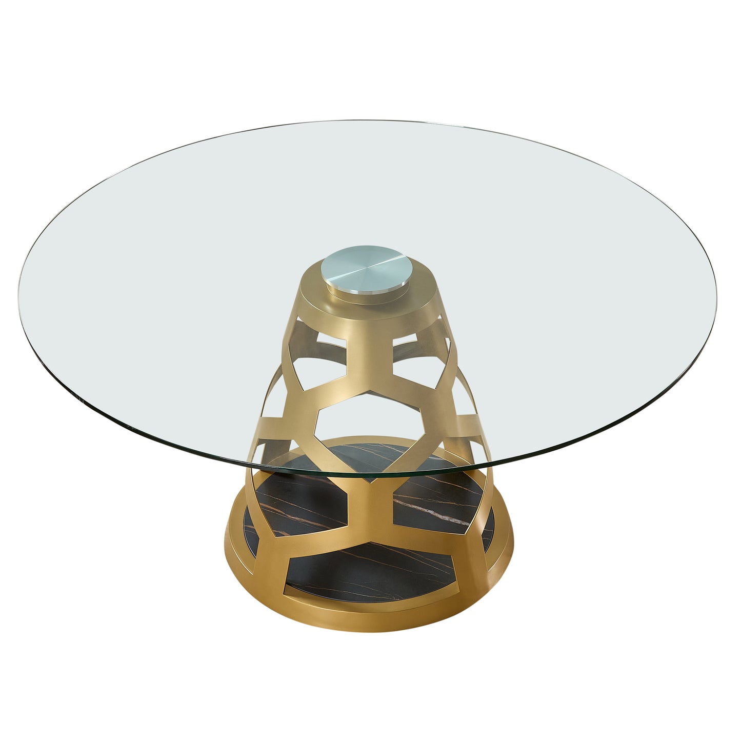 59" Round Glass Dining Table with Sculptural Gold Steel Base, Modern Pedestal Dining Table for 4–6