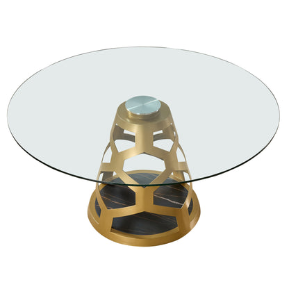 59" Round Glass Dining Table with Sculptural Gold Steel Base, Modern Pedestal Dining Table for 4–6