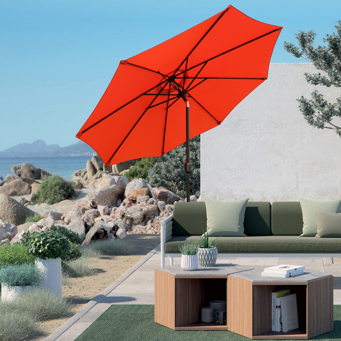 9ft Round Patio Umbrella with Tilt and Crank, Outdoor Market Table Umbrella, Orange Canopy
