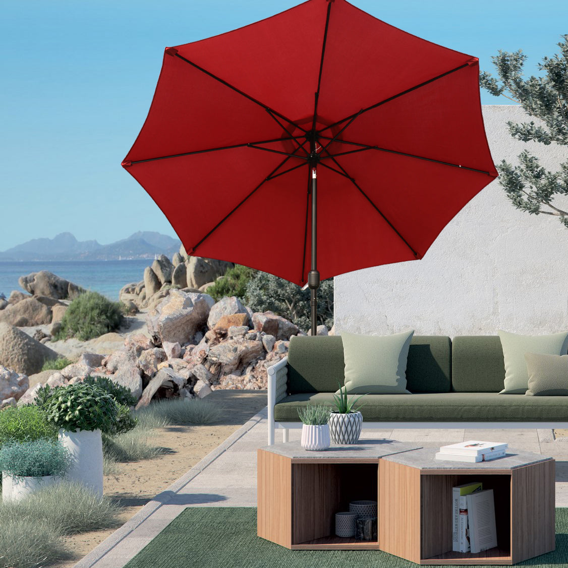 9FT Round Patio Umbrella with Tilt & Crank, Vented Outdoor Market Umbrella, Red