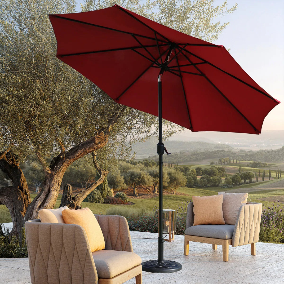 9FT Round Patio Umbrella with Tilt & Crank, Vented Outdoor Market Umbrella, Red