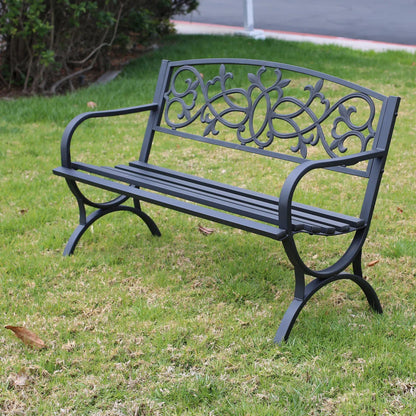 Modern Outdoor Black Metal Bench 50” Wide Patio Porch Seating