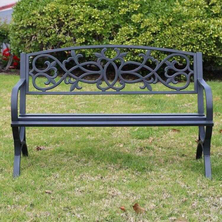 Modern Outdoor Black Metal Bench 50” Wide Patio Porch Seating