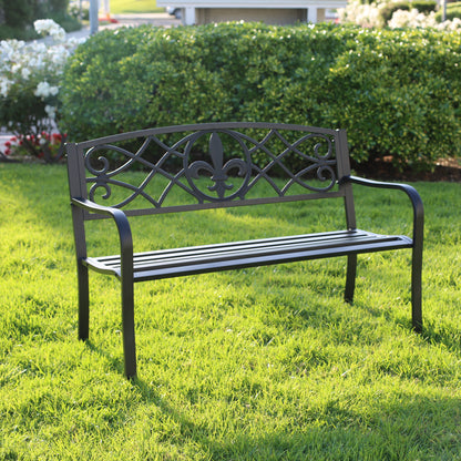 Heavy-Duty Outdoor Steel Bench 50 Inch Matte Black Garden Bench