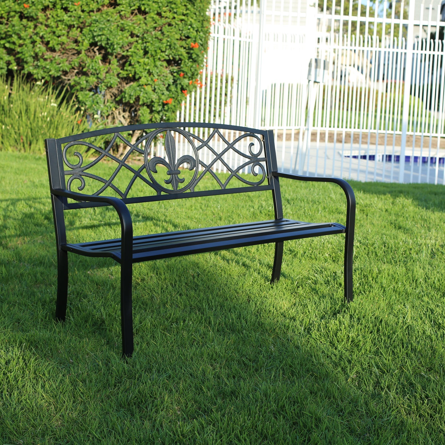 Heavy-Duty Outdoor Steel Bench 50 Inch Matte Black Garden Bench